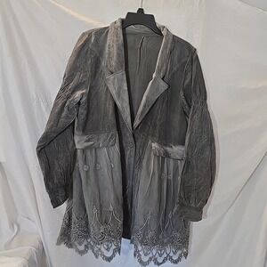 Victorian Trading Co Gray Corduroy Jacket W/Lace Boho Peasant‎ Fairy Sz 1X/2X